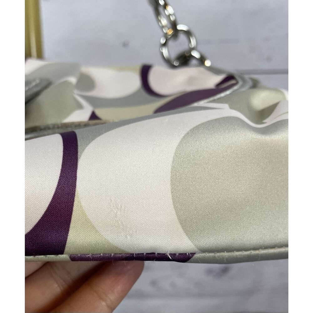 Coach Soho Signature Scarf Print Small Shoulder Bag Purple Silver Satin Handbag - Picture 4 of 13